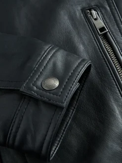 Black Signature Four Pocket Borg Lined Leather Jacket