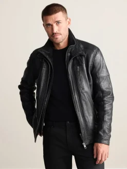 Black Signature Four Pocket Borg Lined Leather Jacket