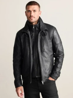 Black Signature Four Pocket Borg Lined Leather Jacket