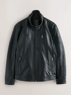 Black Signature Four Pocket Borg Lined Leather Jacket