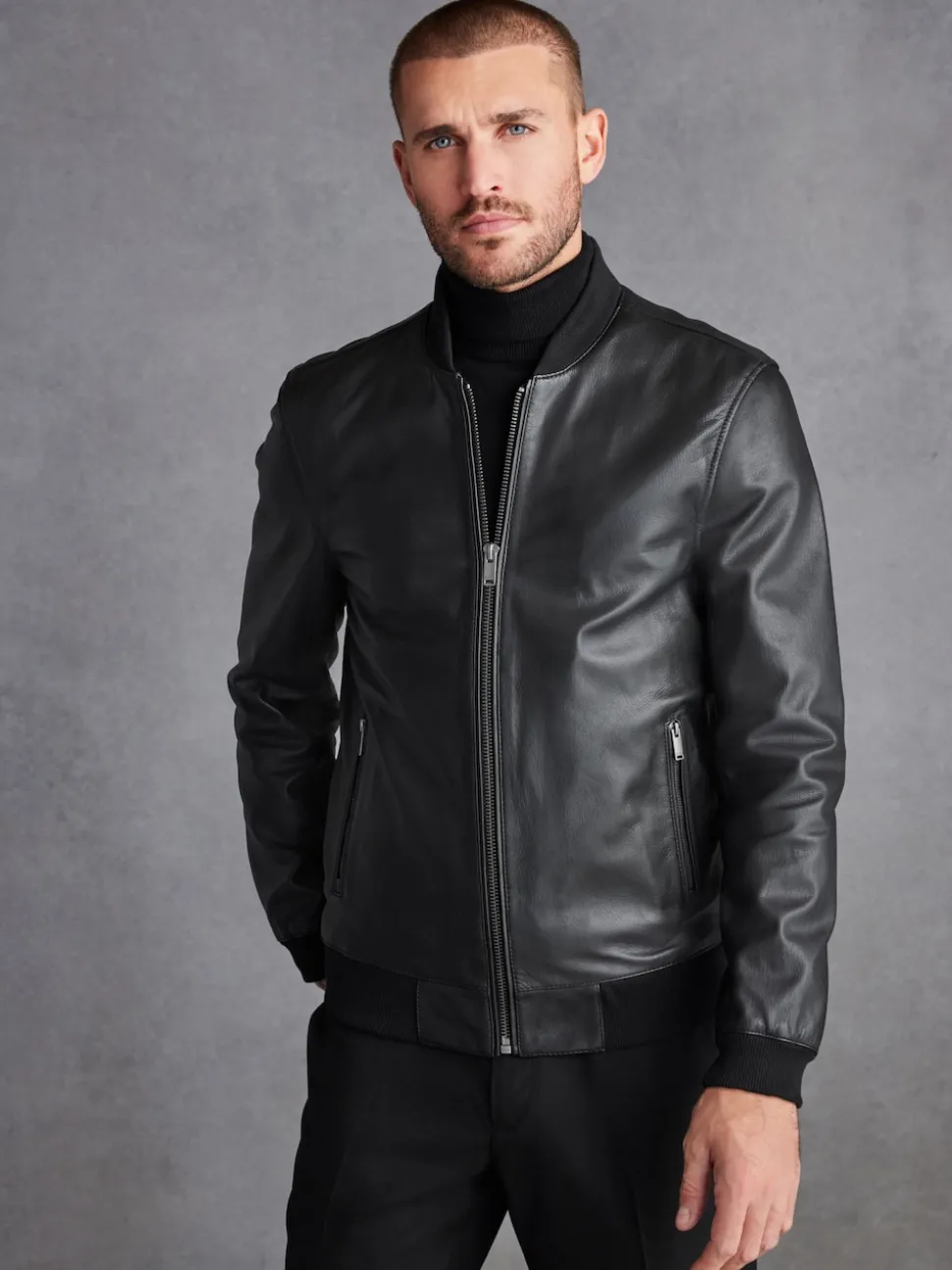 Black Signature Leather Bomber Jacket