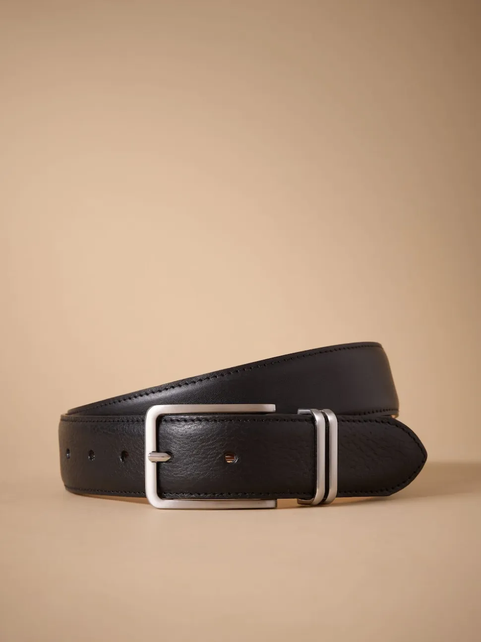 Black Signature Leather Belt With Metal Keeperloop