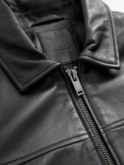 Black Signature Leather Collared Jacket