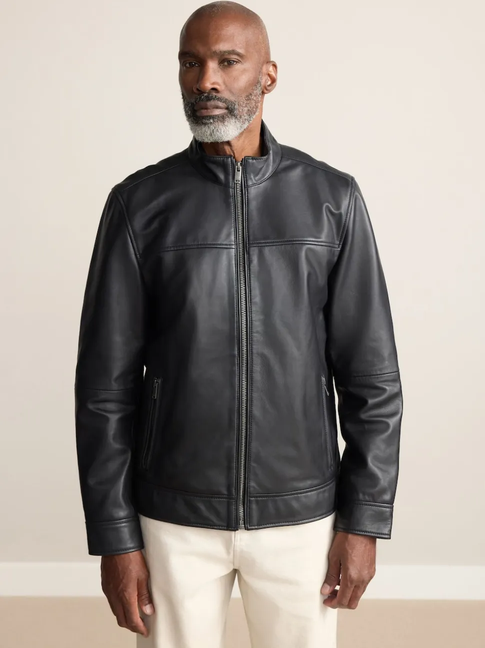Black Signature Leather Funnel Neck Jacket