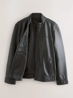 Black Signature Leather Funnel Neck Jacket