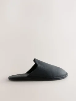 Black Signature Leather Mule Slippers