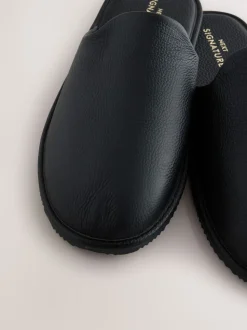 Black Signature Leather Mule Slippers