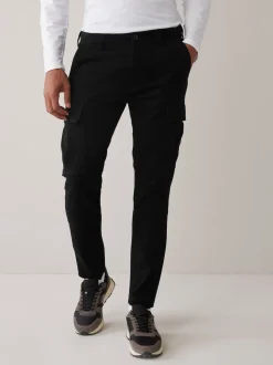 Black Slim Fit Cotton Stretch Cargo Trousers