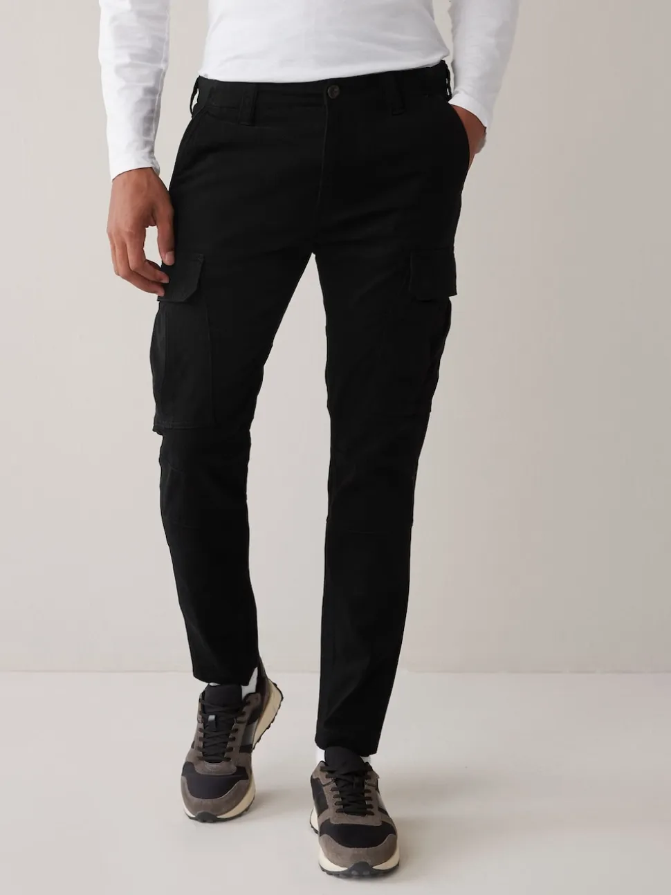 Black Slim Fit Cotton Stretch Cargo Trousers