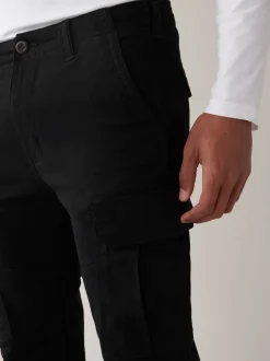 Black Slim Fit Cotton Stretch Cargo Trousers