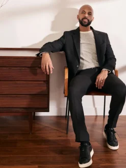 Black Slim Fit Linen-Blend Suit Jacket