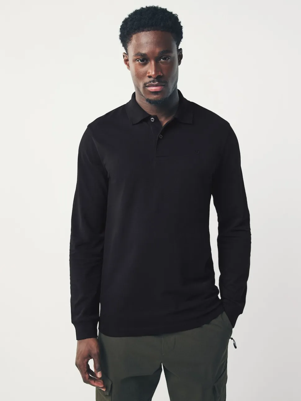 Black Slim Fit Long Sleeve Pique Polo Shirt
