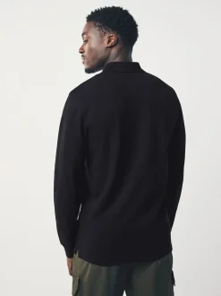 Black Slim Fit Long Sleeve Pique Polo Shirt