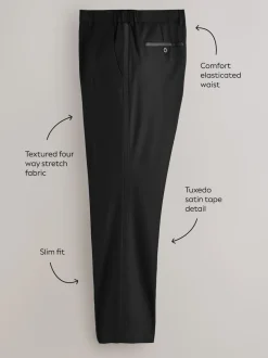 Black Slim Fit Motionflex Textured Tuxedo Trousers With Side Tape