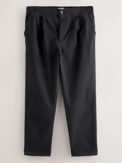 Black Slim Fit Pleated Stretch Chinos Trousers With Elasticated Waist