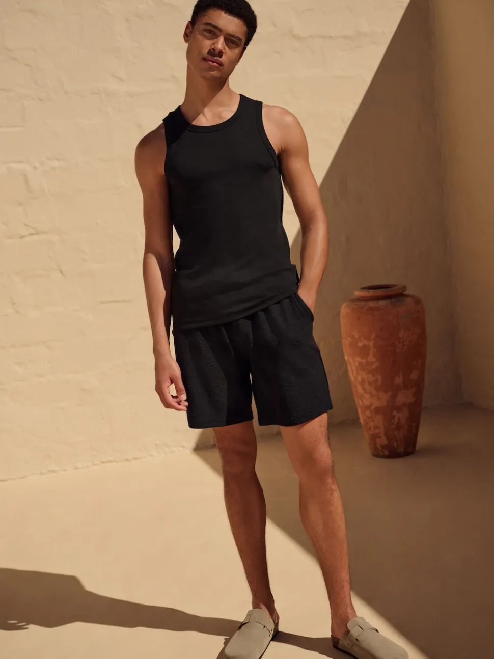Black Slim Fit Ribbed Vest