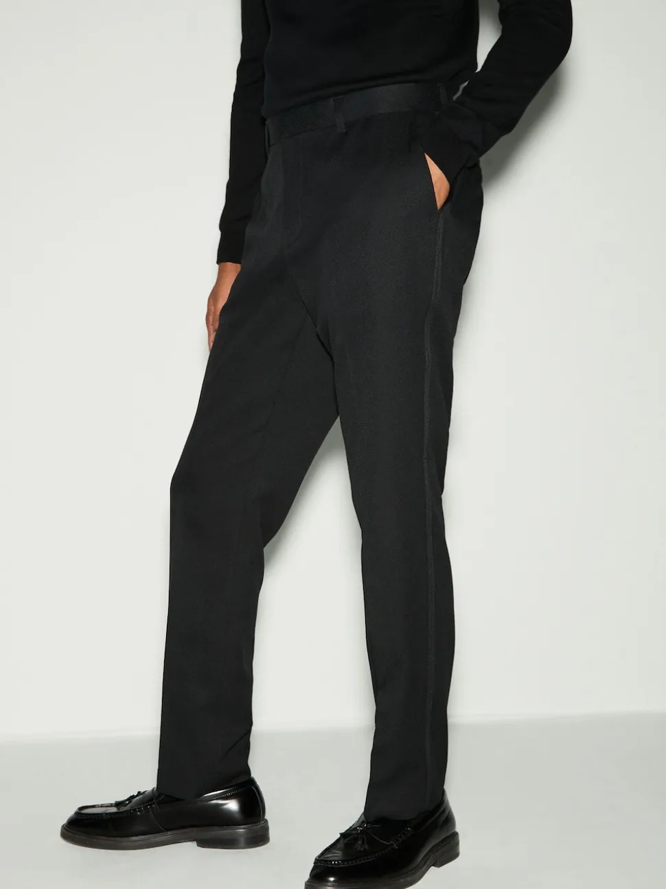 Black Slim Fit Tape Detail Textured Tuxedo Trousers