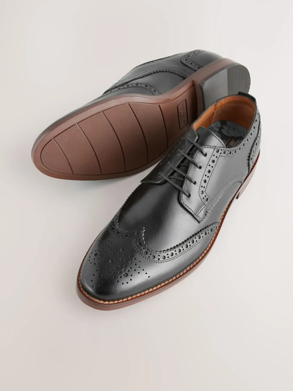 Black Standard Fit Leather Contrast Sole Brogue Shoes