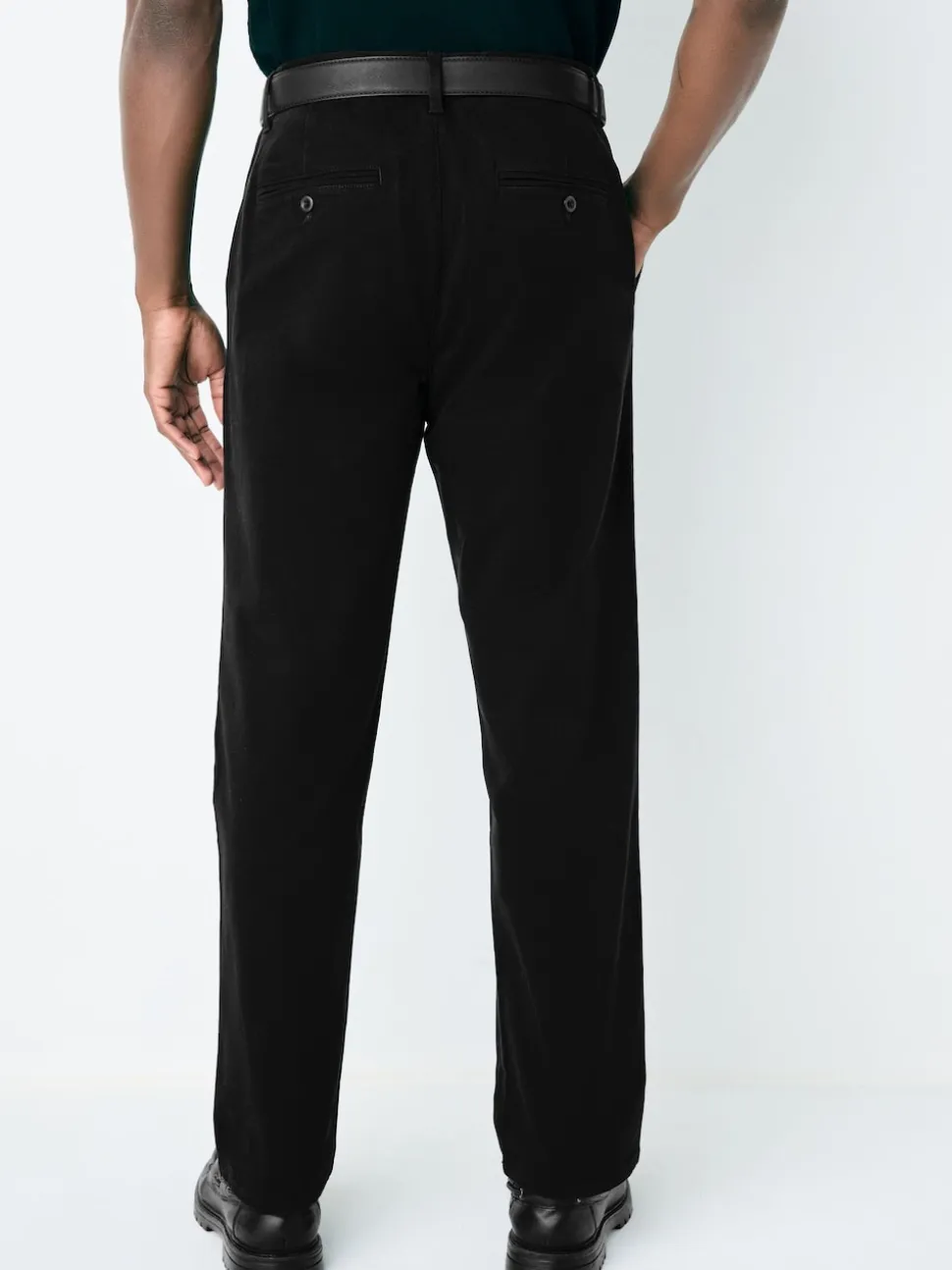 Black Straight Fit Belted Soft Touch Pleated Chino Trousers