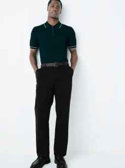 Black Straight Fit Belted Soft Touch Pleated Chino Trousers