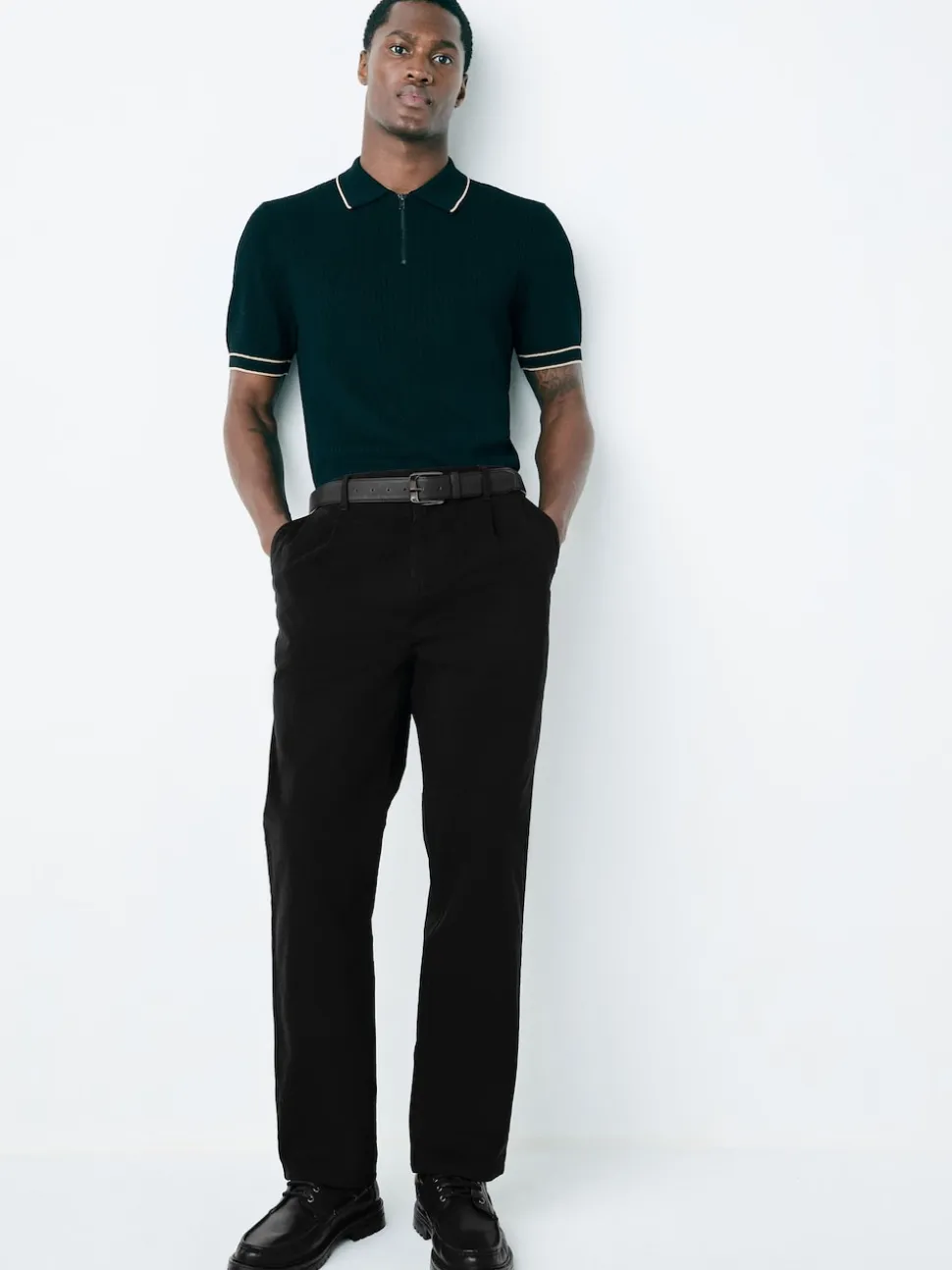 Black Straight Fit Belted Soft Touch Pleated Chino Trousers