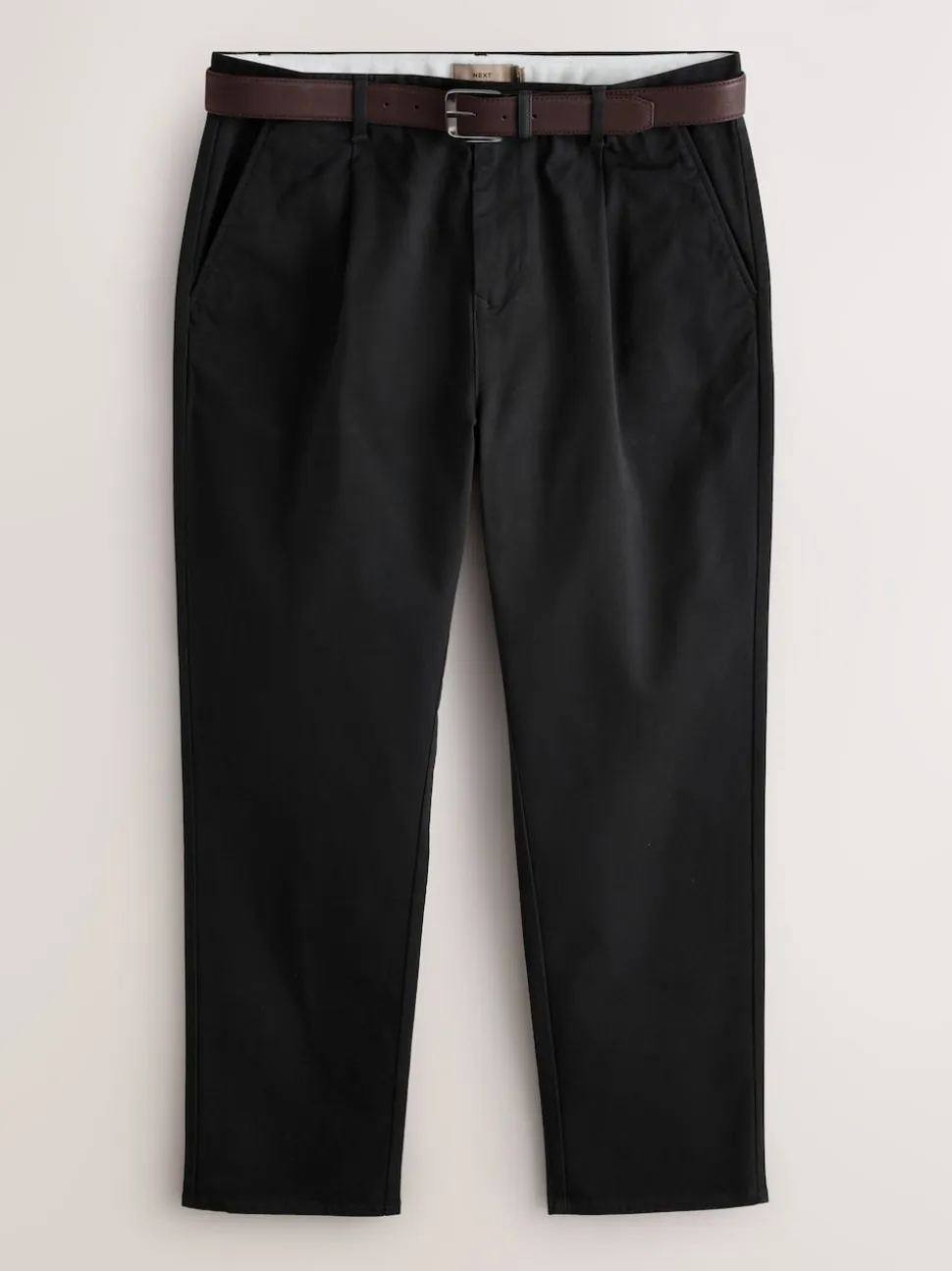 Black Straight Fit Belted Soft Touch Pleated Chino Trousers