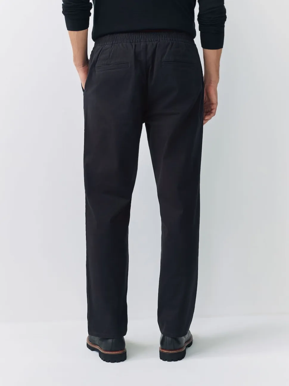 Black Straight Fit Pleated Stretch Chinos Trousers With Elasticated Waist