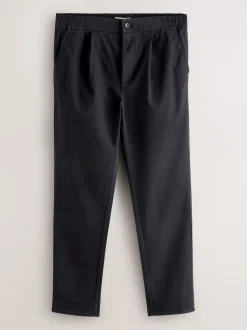 Black Straight Fit Pleated Stretch Chinos Trousers With Elasticated Waist