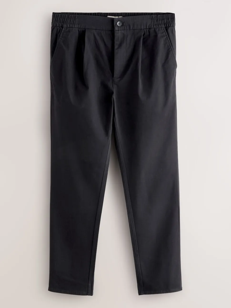 Black Straight Fit Pleated Stretch Chinos Trousers With Elasticated Waist