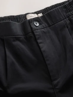 Black Straight Fit Pleated Stretch Chinos Trousers With Elasticated Waist