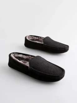 Black Suede Faux Fur Lined Moccasin Slippers