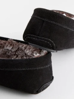 Black Suede Faux Fur Lined Moccasin Slippers