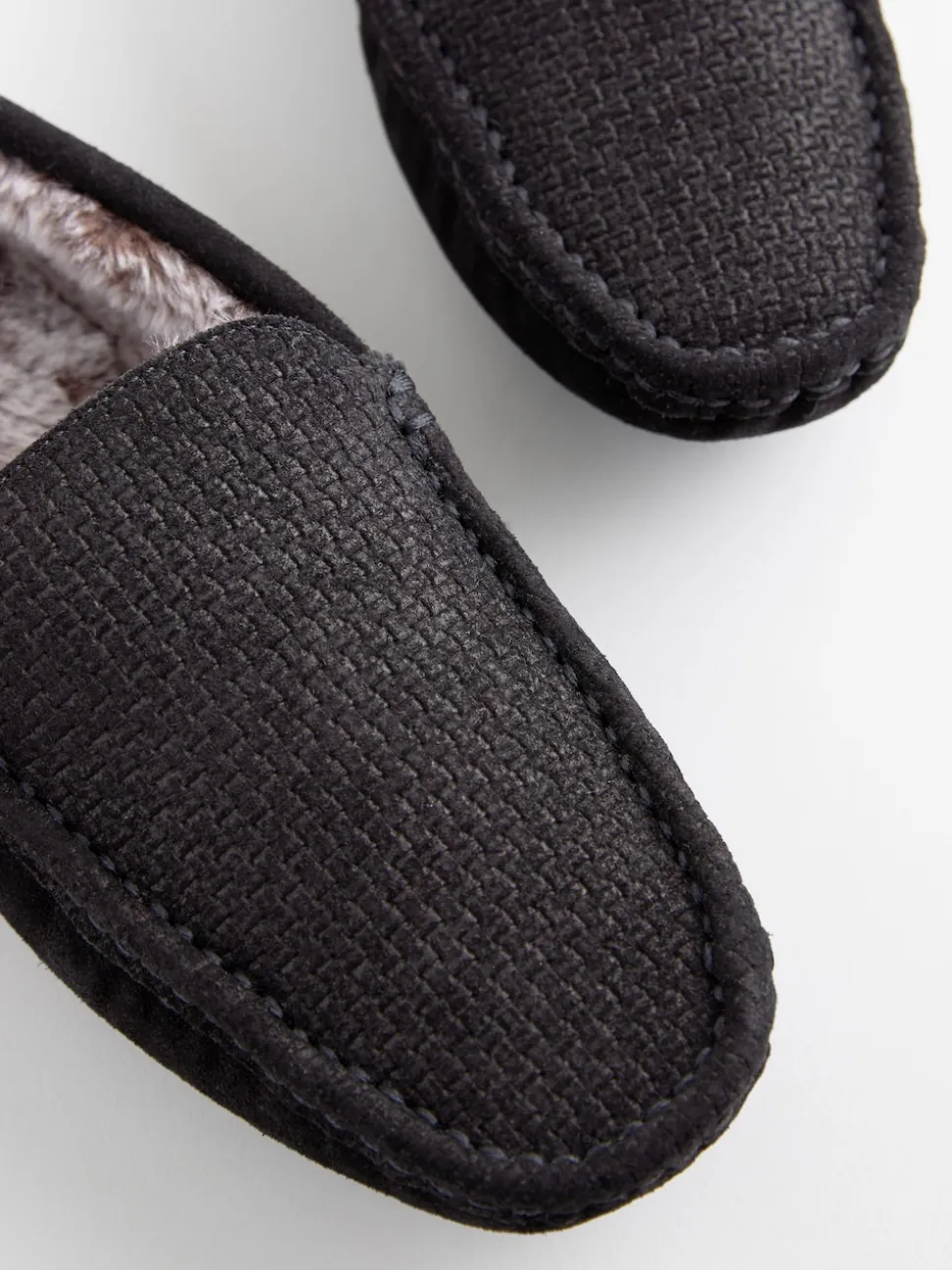 Black Suede Faux Fur Lined Moccasin Slippers