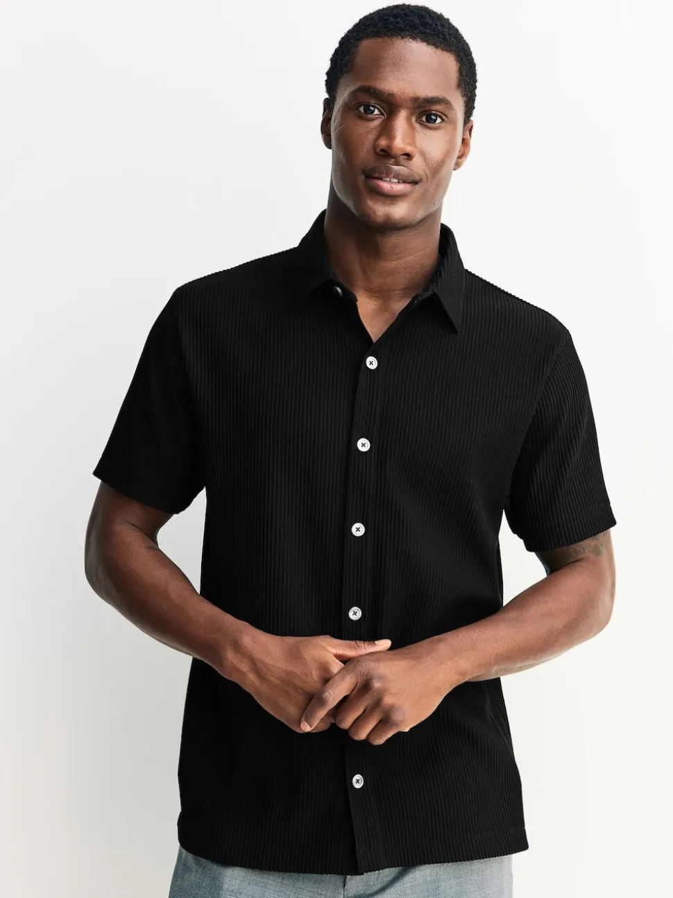 Black Textured Jersey Short Sleeve Shirt