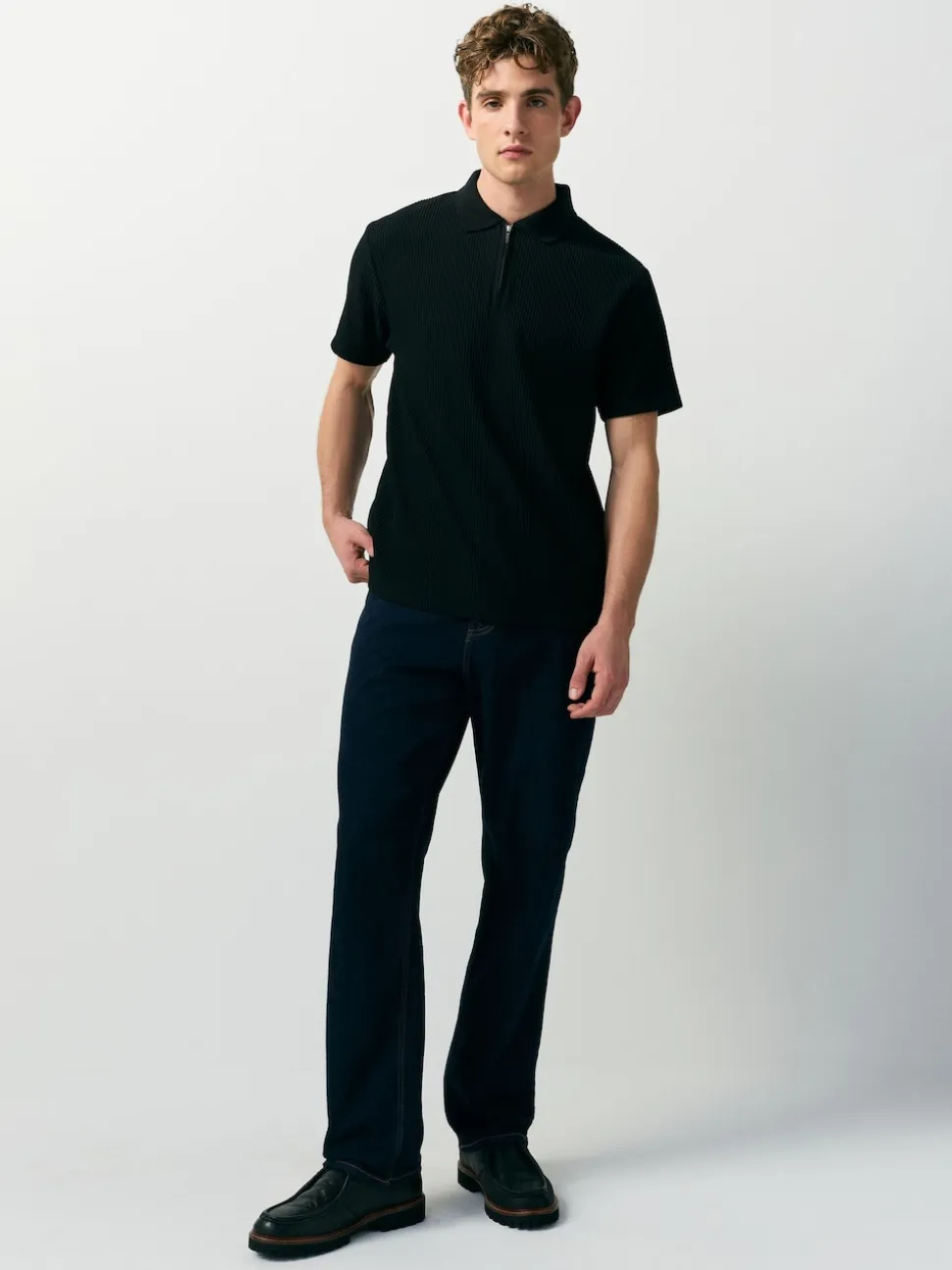 Black Textured Smart Zip Neck Polo Shirt