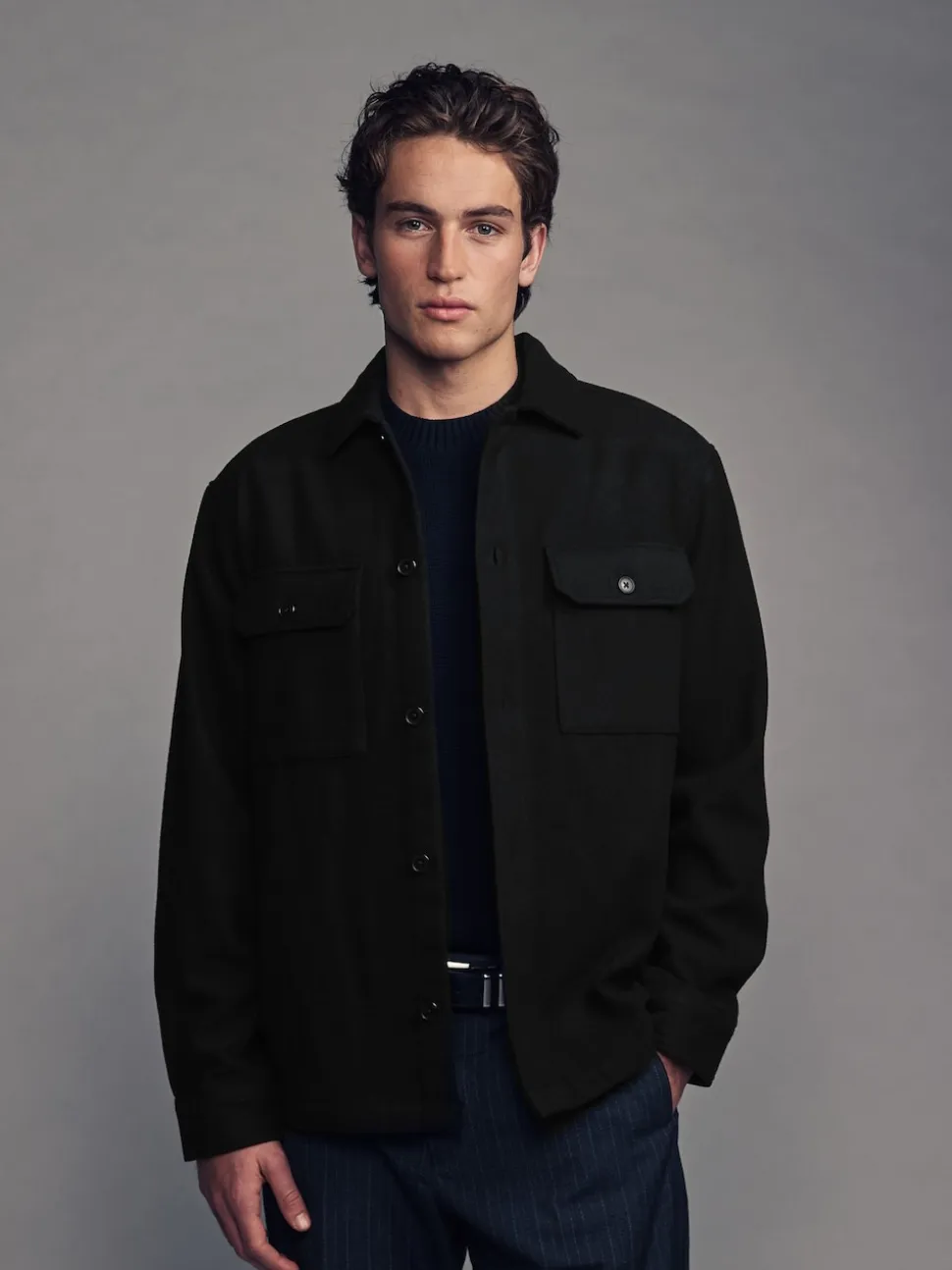 Black Twin Pocket Shacket Overshirt with Wool