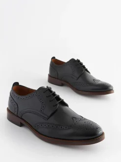 Black Wide Fit Leather Contrast Sole Brogue Shoes