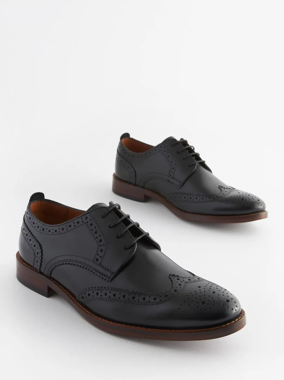 Black Wide Fit Leather Contrast Sole Brogue Shoes