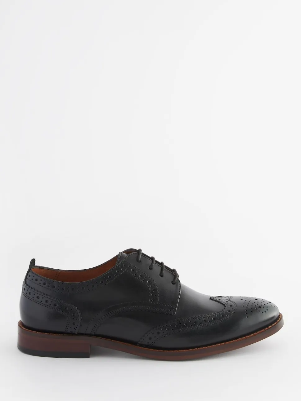 Black Wide Fit Leather Contrast Sole Brogue Shoes
