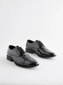 Black Wide Fit Patent Oxford Toe Cap Shoes