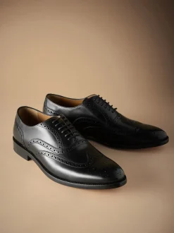 Black Wide Fit Signature Italian Leather Wingcap Brogue Shoes
