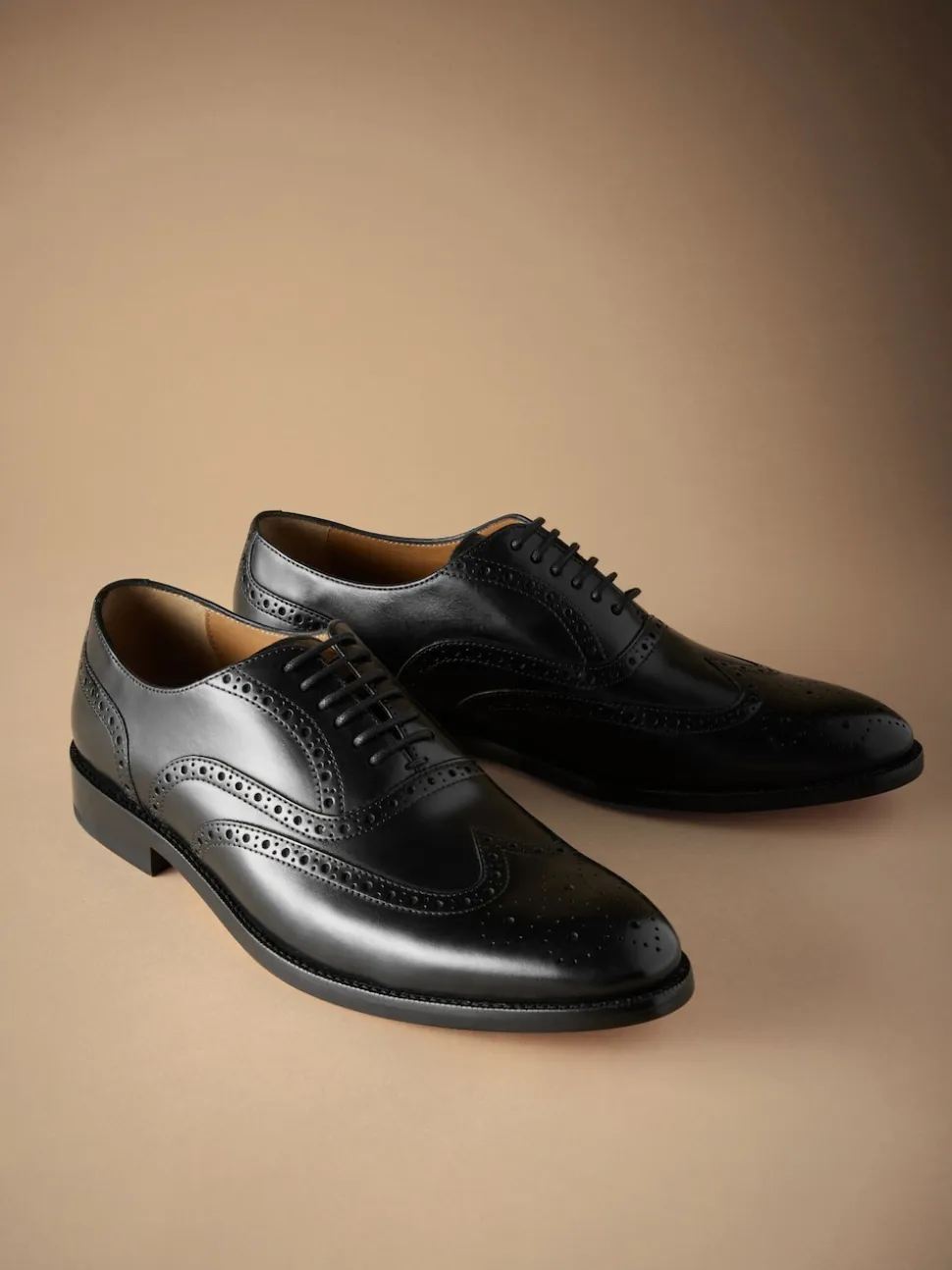 Black Wide Fit Signature Italian Leather Wingcap Brogue Shoes