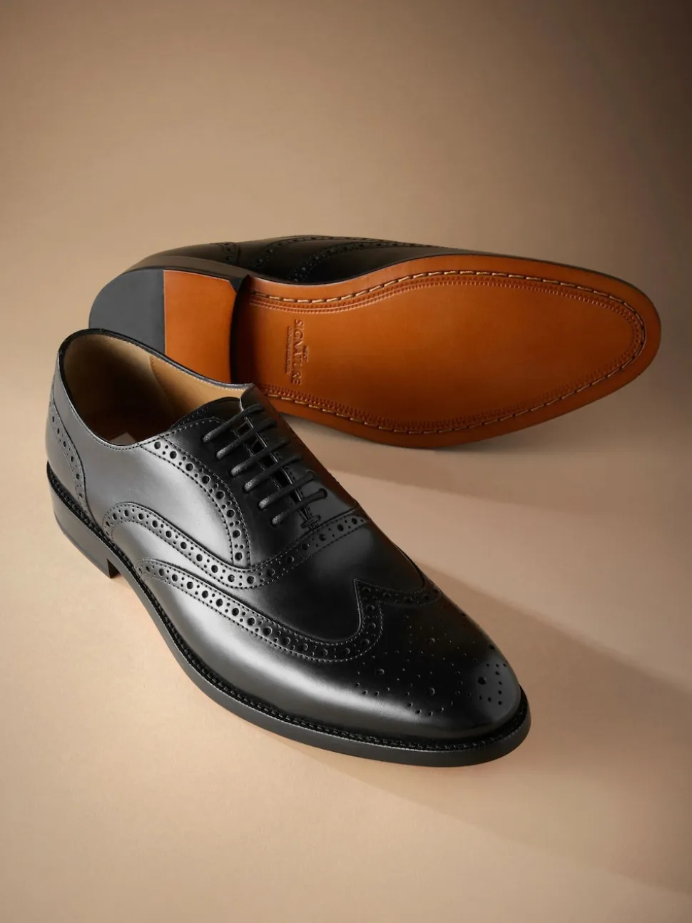 Black Wide Fit Signature Italian Leather Wingcap Brogue Shoes