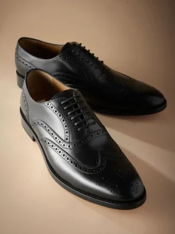 Black Wide Fit Signature Italian Leather Wingcap Brogue Shoes