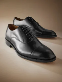 Black Wide Fit Signature Leather Sole Oxford Toe Cap Shoes