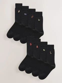 Black Woodland Fun Embroidered Socks 8 Pack