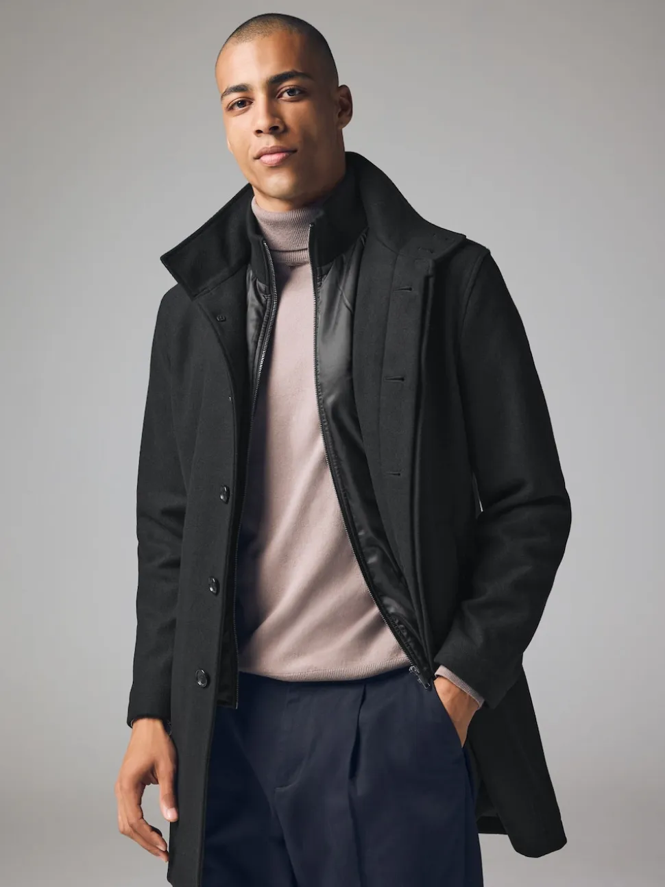 Black Wool Blend Mock Gilet Herringbone Padded Coat