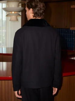 Black Wool Blend Twill Jacket with Removable Faux Fur Collar