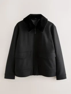Black Wool Blend Twill Jacket with Removable Faux Fur Collar