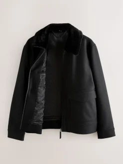 Black Wool Blend Twill Jacket with Removable Faux Fur Collar